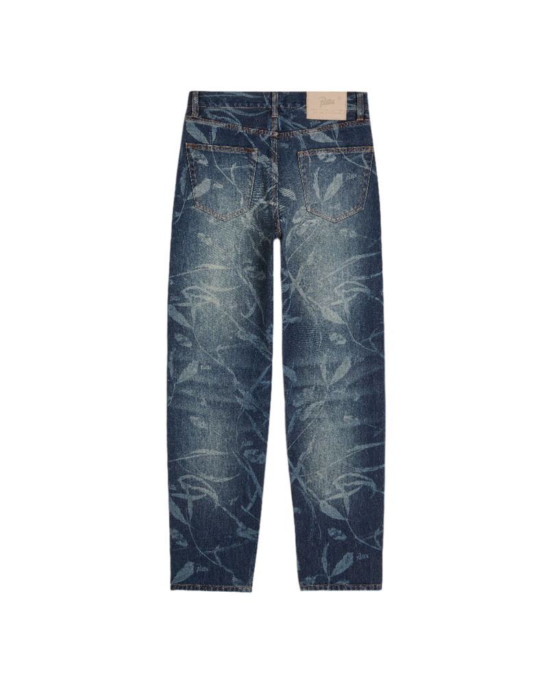 Patta Leaves Laser Print Denim Pants (Blue Denim )