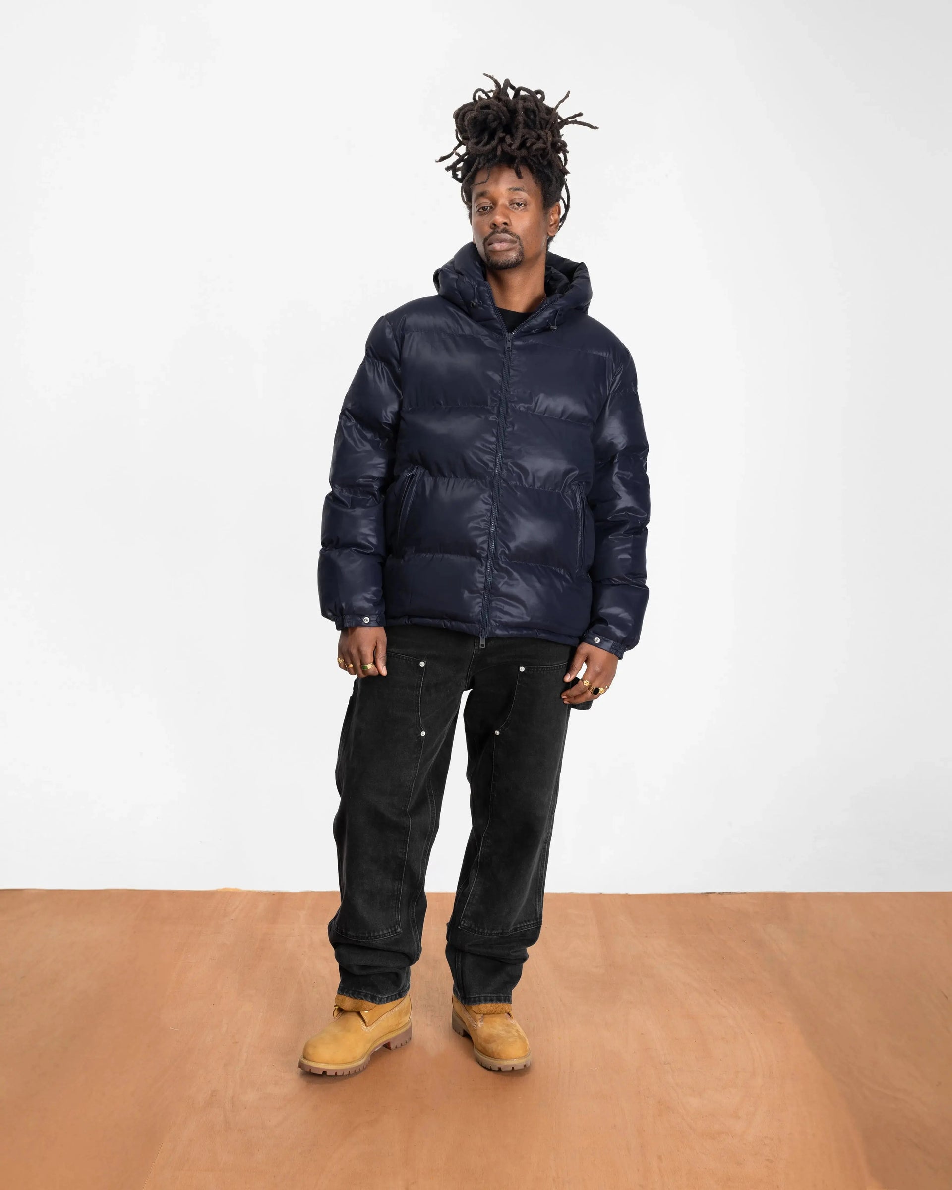 Patta Quilted Script Logo Puffer Jacket (Navy)
