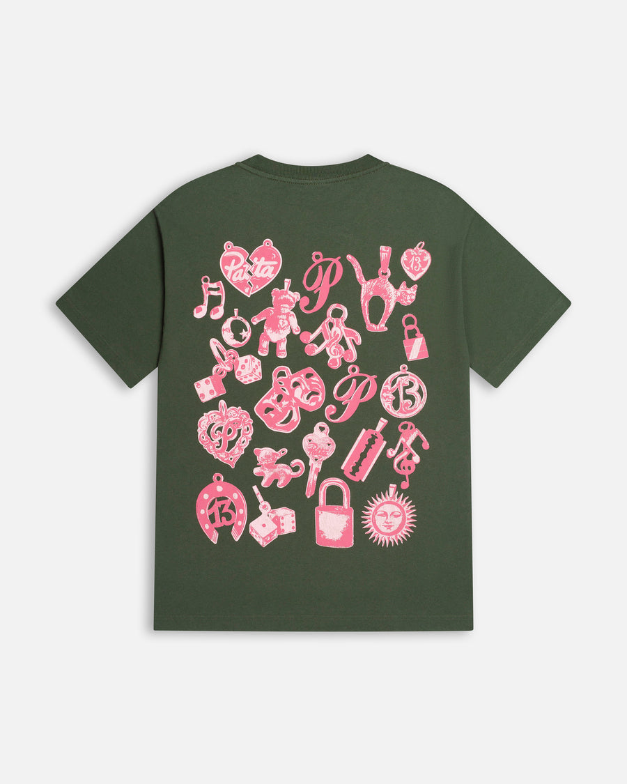 Back of the Patta Charm T-Shirt in Climbing Ivy featuring pink silkscreen charms artwork.
