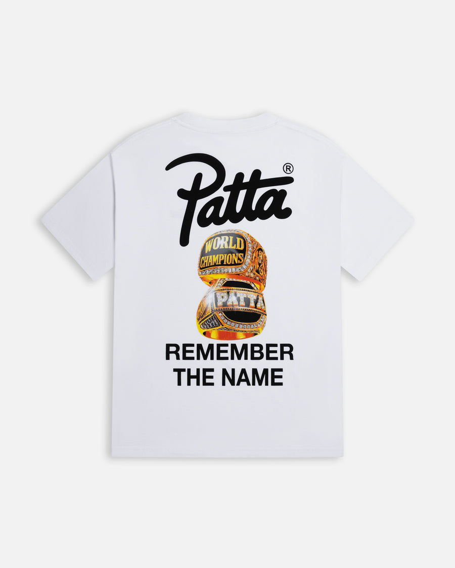 Back view of the white Patta Championship t-shirt with championship rings graphic and script logo.