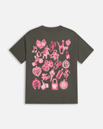 Back of Patta Kids Charm T-Shirt in climbing ivy green with pink charms graphic print.
