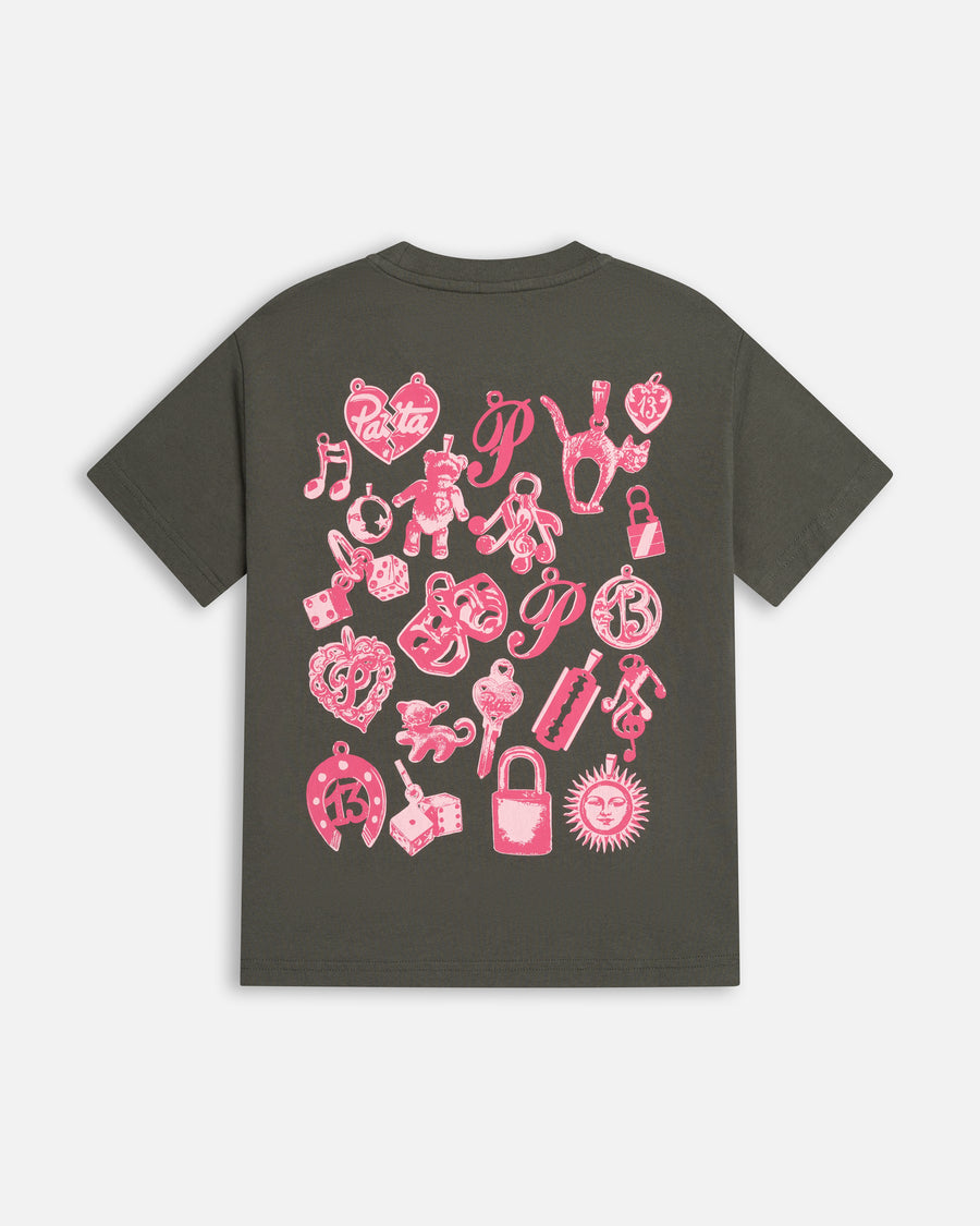 Back of Patta Kids Charm T-Shirt in climbing ivy green with pink charms graphic print.