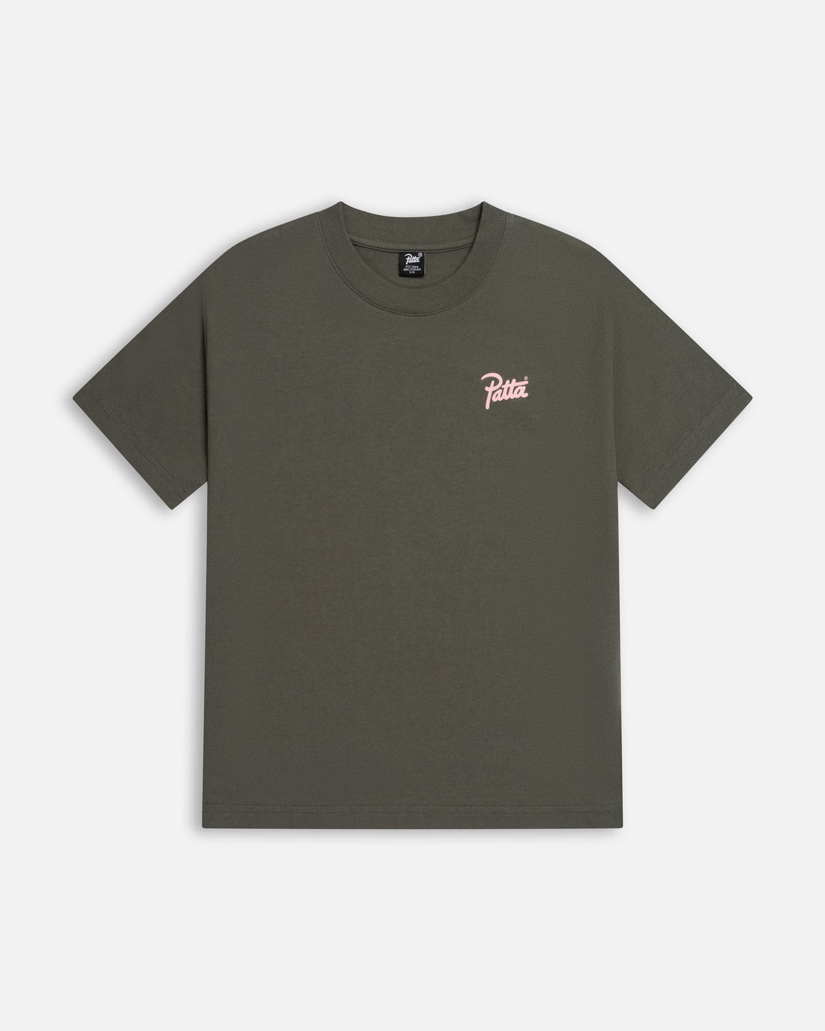 Front view of the Patta Kids Charm T-Shirt in climbing ivy green with a pink script logo.