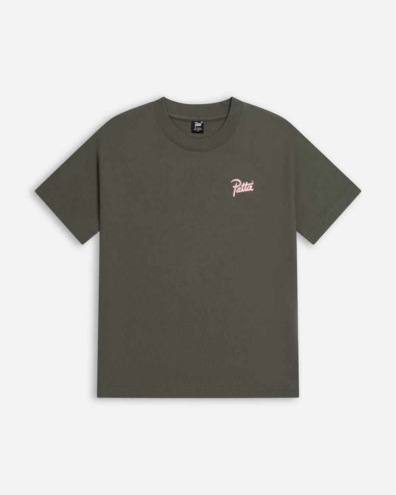 Front view of the Patta Kids Charm T-Shirt in climbing ivy green with a pink script logo.