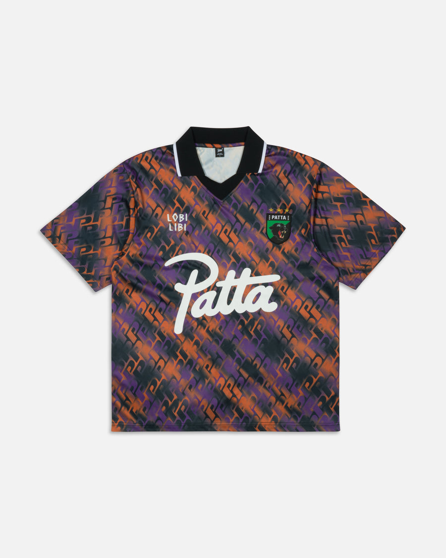 Front view of the Patta All Over P Football Jersey in pansy purple and orange print.