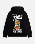 Back view of Patta Kids Championship hooded sweater in black with championship rings print.